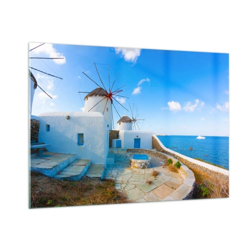 Impression sur verre - Image sur verre - Moulins à vent sur la côte égéenne - 100x70cm - Le vent bleu de la mer - Décoration murale moderne pour le salon et la chambre ARTTOR