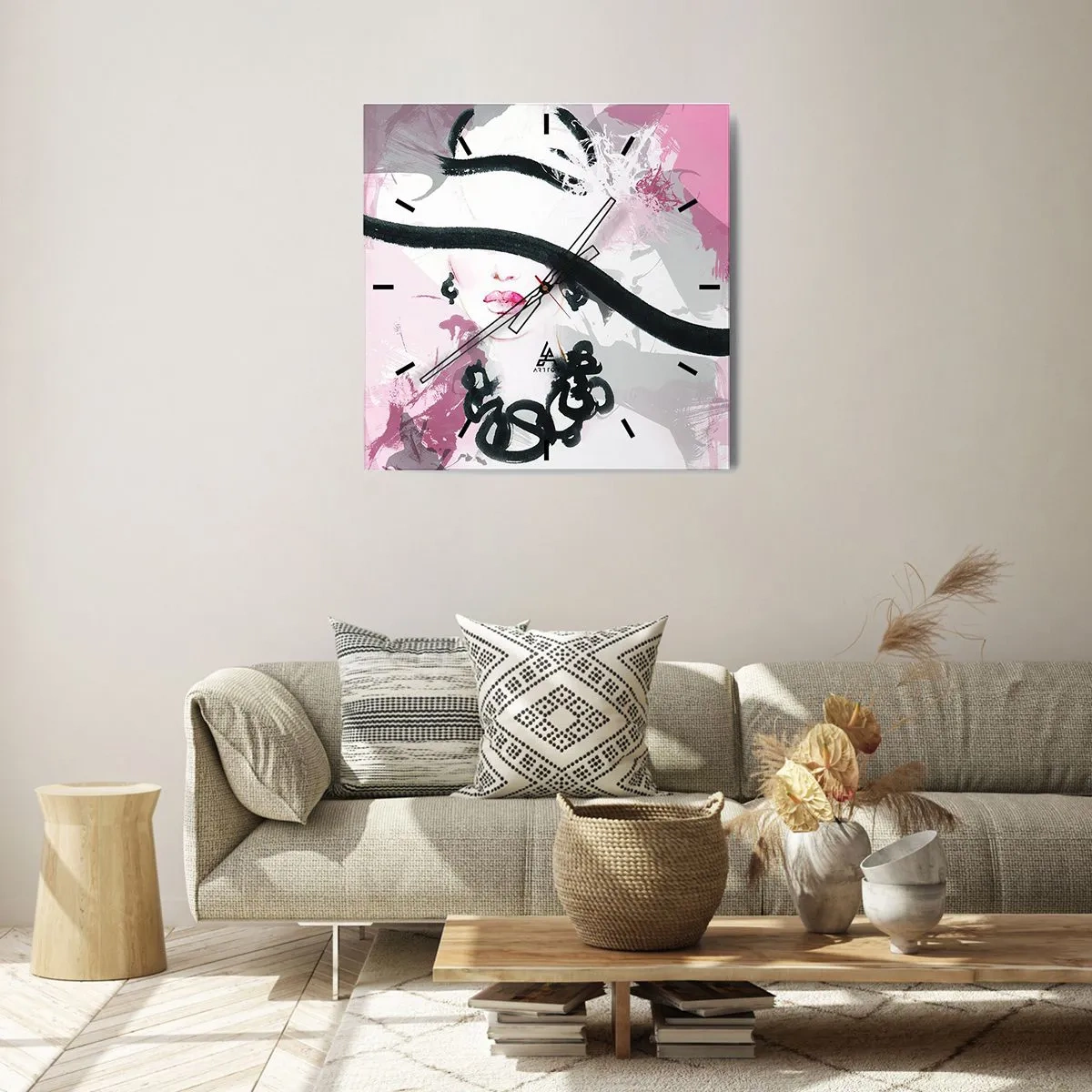 Horloge murale - Pendule murale - Portrait d'une dame en noir et rose - 40x40 cm