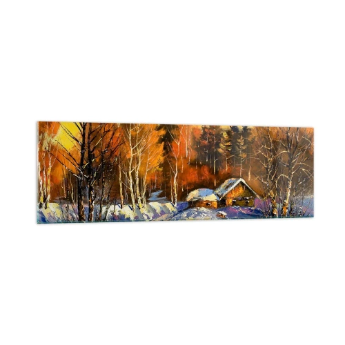 Impression sur verre - Image sur verre - Paysage d'hiver avec une maison à la lumière du soleil couchant - 160x50cm - Impression d'hiver au soleil - Décoration murale moderne pour le salon et la chambre ARTTOR