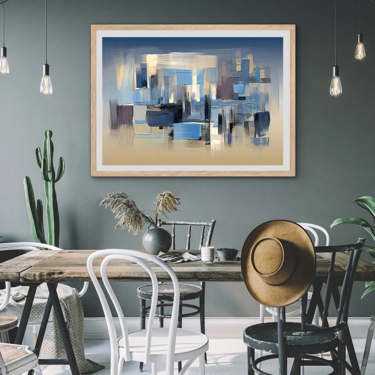 Affiche dans un chêne clair - Poster - Construction bleue - 40x30 cm