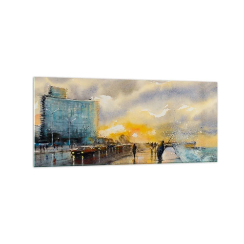 Impression sur verre - Image sur verre - Une vue pittoresque de la promenade en bord de mer au coucher du soleil - 120x50cm - La vie sur le rivage - Décoration murale moderne pour le salon et la chambre ARTTOR