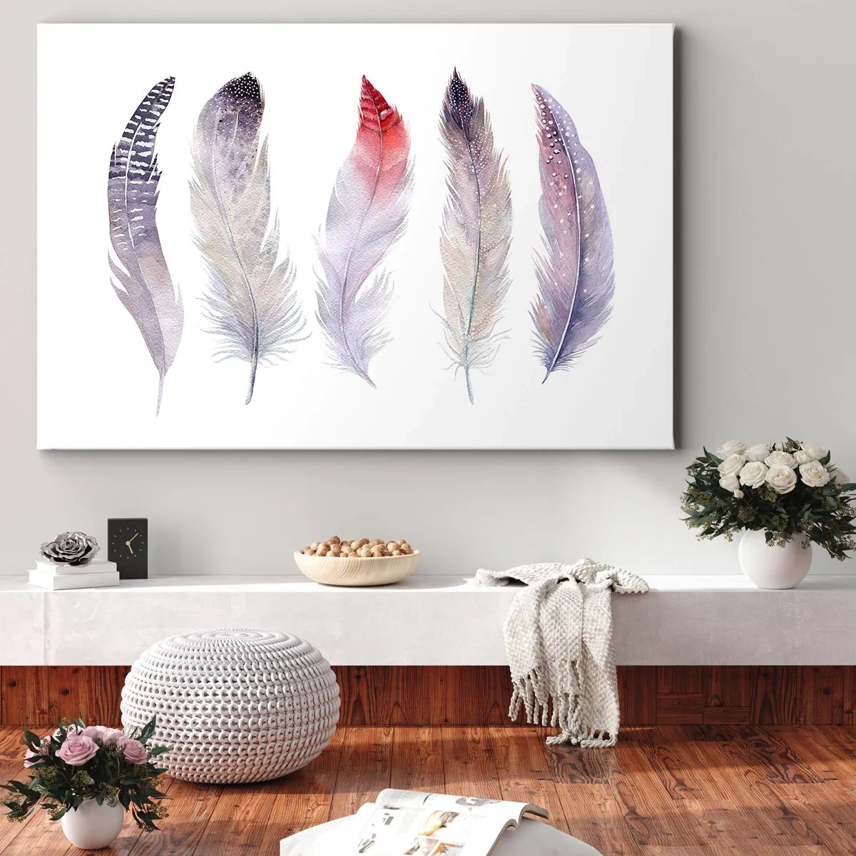 Impression sur toile - Image sur toile - Cinq plumes délicates aux tons pastel sur fond clair - 70x50cm - Délicat comme un brouillard multicolore - Décoration murale moderne pour le salon et la chambre ARTTOR