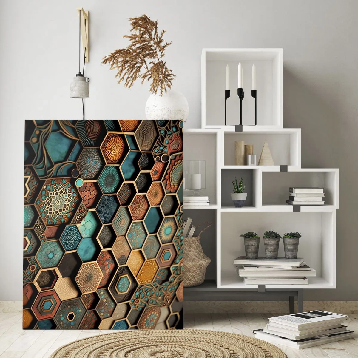 Impression sur verre - Image sur verre - Ornements colorés aux motifs hexagonaux - 70x100cm - Ornements arabes – variation - Décoration murale moderne pour le salon et la chambre ARTTOR