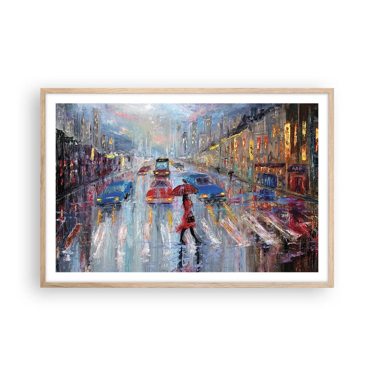 Affiche dans un chêne clair - Poster - Après-midi pluvieux en ville - 91x61 cm