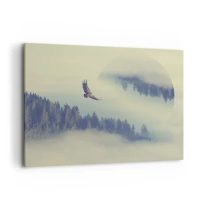 Impression sur toile - Image sur toile - Un aigle en vol sur fond de montagnes brumeuses avec un motif circulaire artistique - 100x70cm - J'ai vu l'ombre d'un aigle - Décoration murale moderne pour le salon et la chambre ARTTOR