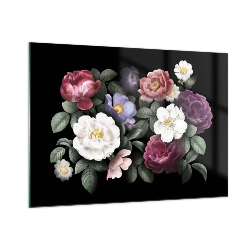 Impression sur verre - Image sur verre - Composition florale avec des pivoines sur fond noir - 100x70cm - D'un jardin anglais - Décoration murale moderne pour le salon et la chambre ARTTOR