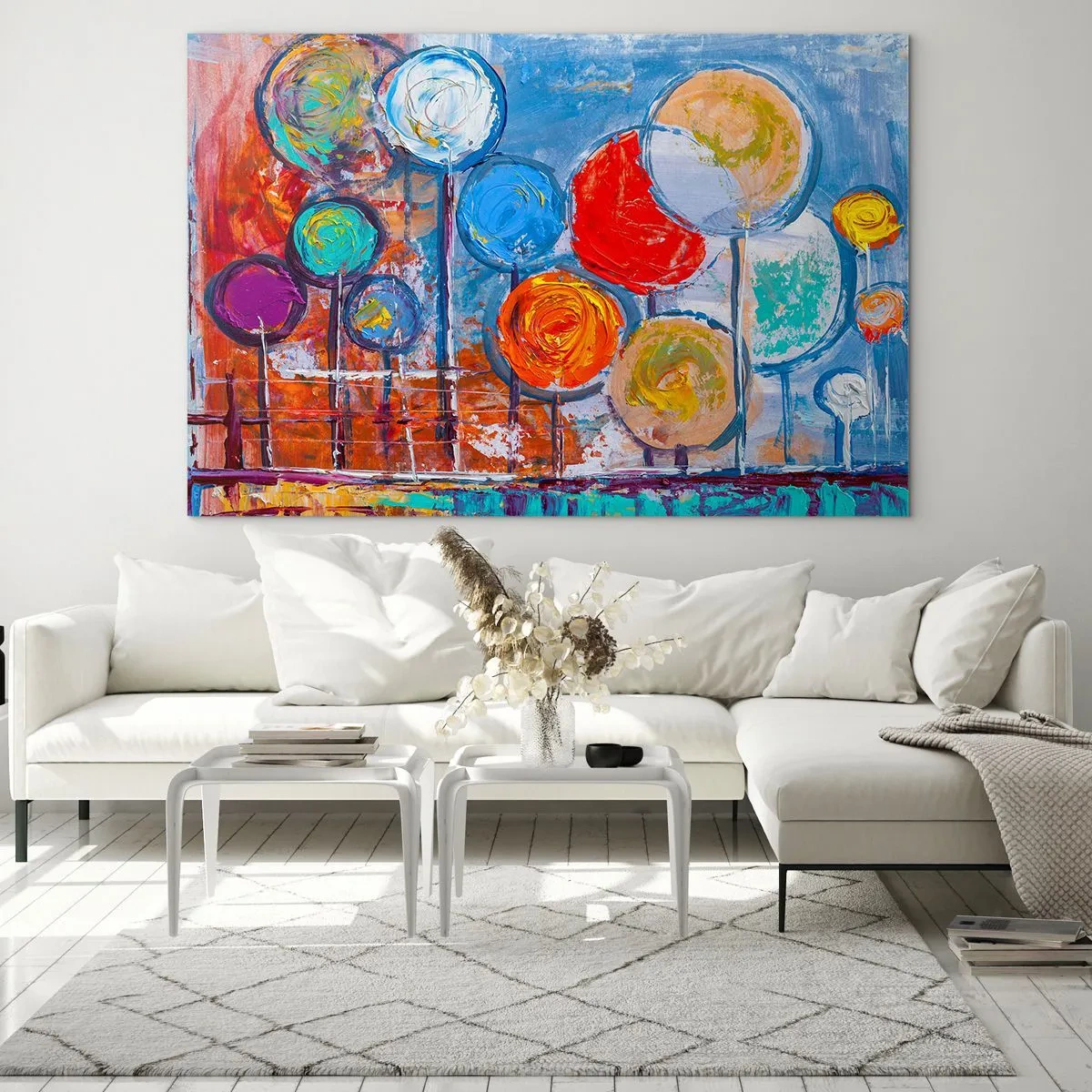 Impression sur verre - Image sur verre - Arbres colorés et abstraits peints contre le ciel - 100x70cm - Miracles sur le bâton - Décoration murale moderne pour le salon et la chambre ARTTOR