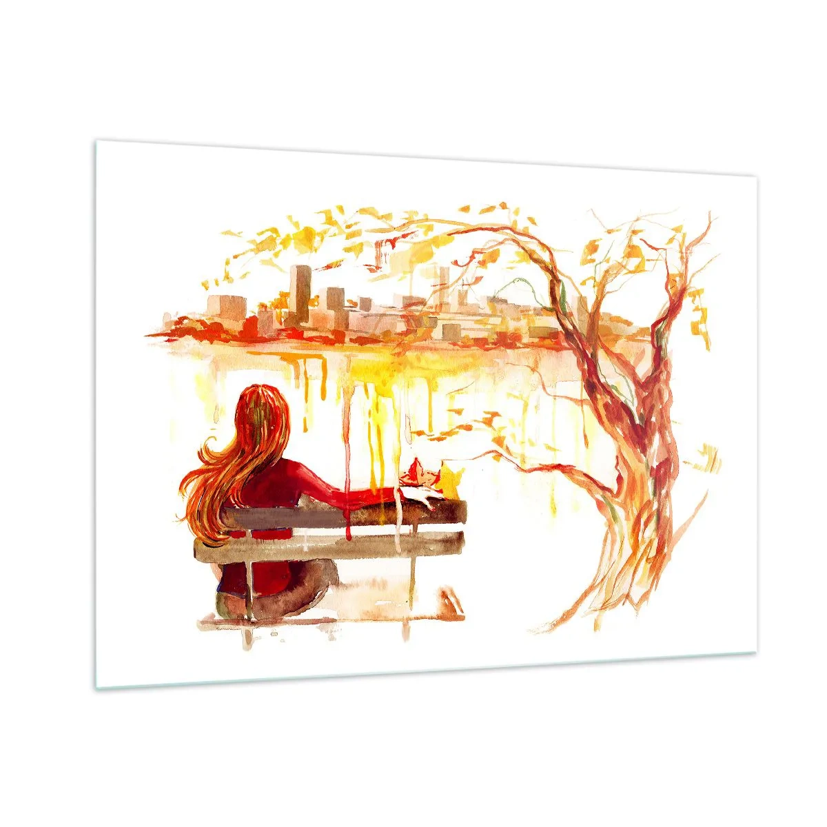 Impression sur verre - Image sur verre - Une figure sur un banc surplombant la ville à l'aquarelle - 100x70cm - Un moment de réflexion - Décoration murale moderne pour le salon et la chambre ARTTOR