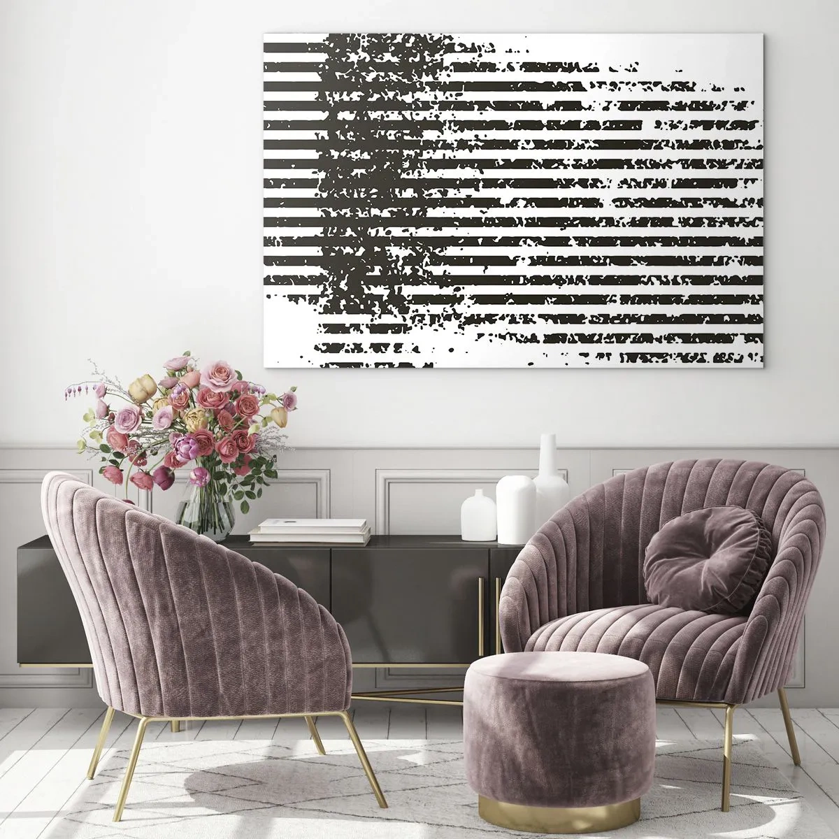 Impression sur verre - Image sur verre - Lignes horizontales noires et blanches avec effets de bruit et d'abrasion - 70x50cm - Rythme et bruissement - Décoration murale moderne pour le salon et la chambre ARTTOR