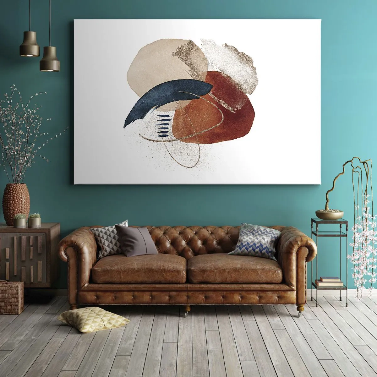 Impression sur toile - Image sur toile - Une composition abstraite avec des taches dans des tons terreux et bleu marine. - 70x50cm - Composition ovale - Décoration murale moderne pour le salon et la chambre ARTTOR