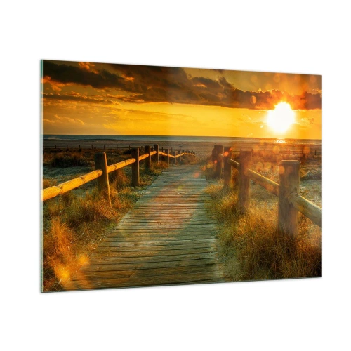 Impression sur verre - Image sur verre - Un chemin en bois menant vers le soleil couchant - 100x70cm - Baigné dans le vieil or - Décoration murale moderne pour le salon et la chambre ARTTOR