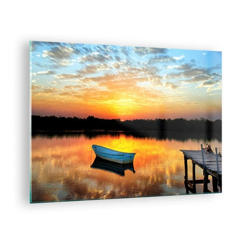 Impression sur verre - Image sur verre - Un bateau sur un lac calme sous les rayons du soleil couchant - 70x50cm - Regardez, écoutez, méditez - Décoration murale moderne pour le salon et la chambre ARTTOR