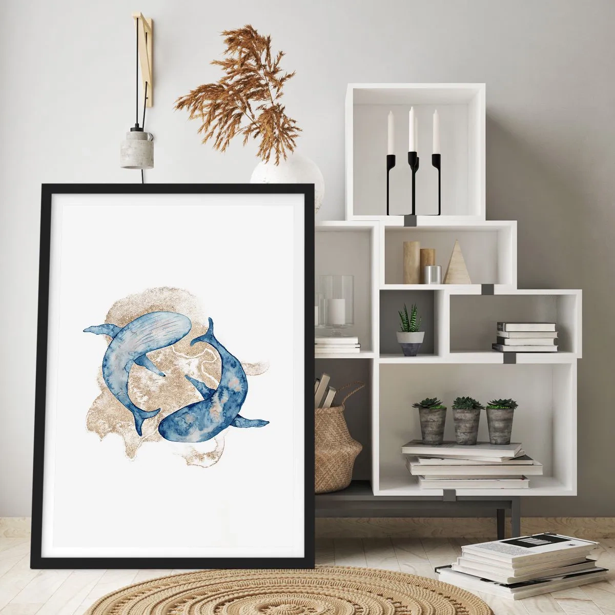 Affiche dans un cadre noir - Poster - Une peinture abstraite de deux rorquals communs - 50x70cm - Amis ou amoureux? - Décoration murale moderne pour le salon et la chambre ARTTOR