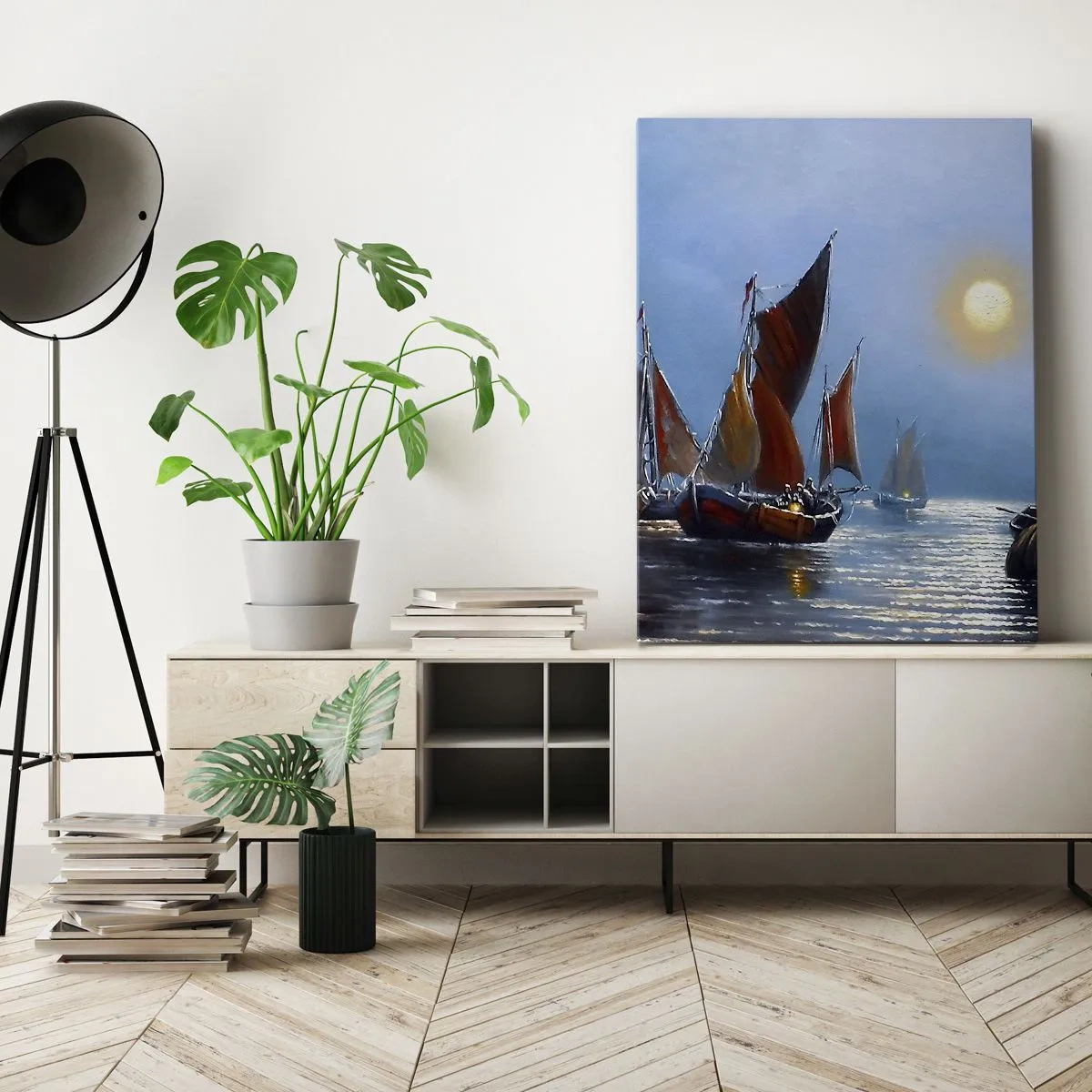 Impression sur toile - Image sur toile - Bateaux à voiles sur une eau calme au coucher du soleil - 80x120cm - Pêche de nuit - Décoration murale moderne pour le salon et la chambre ARTTOR