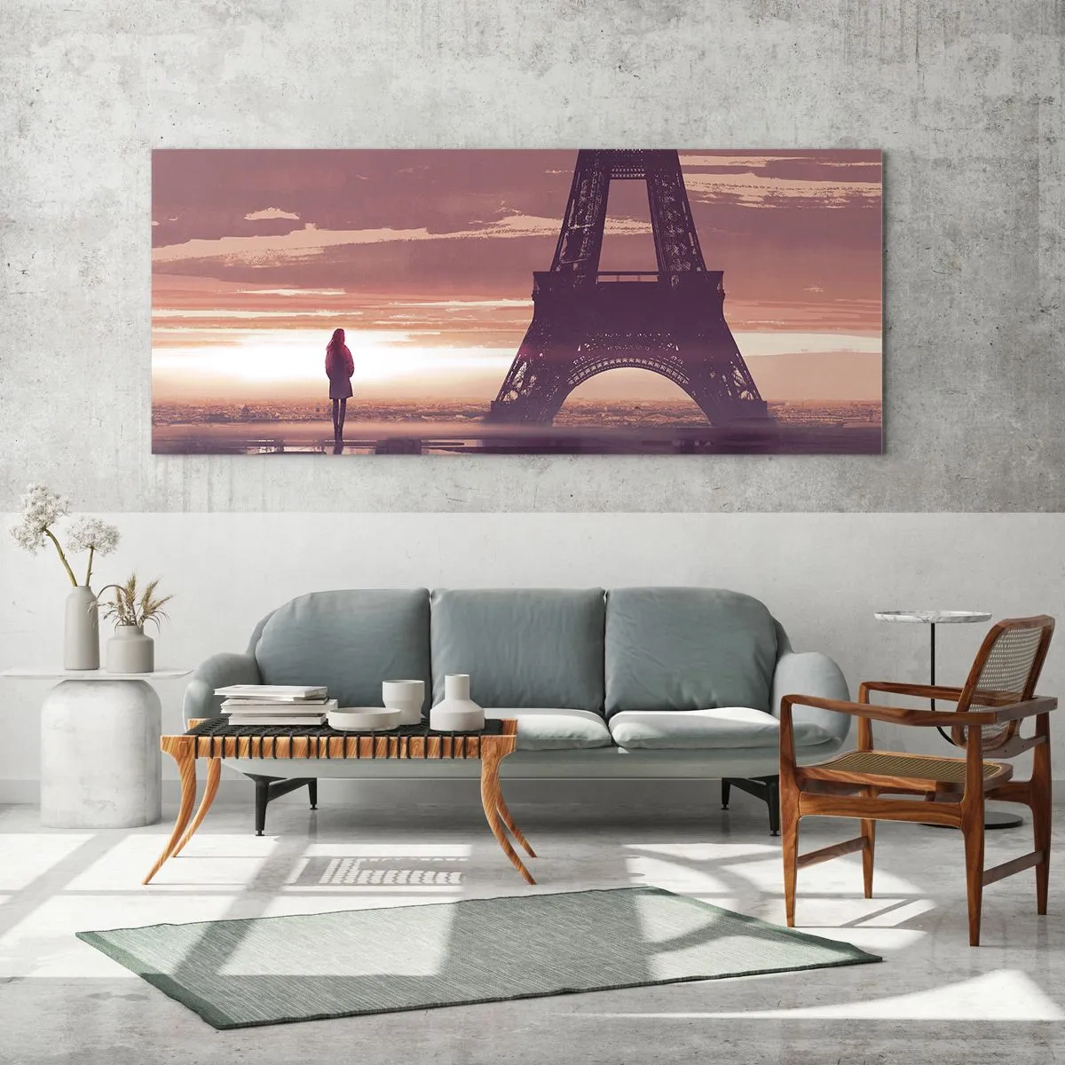 Impression sur verre - Image sur verre - Une silhouette regardant la Tour Eiffel à la lumière du soleil couchant - 120x50cm - Seulement deux d'entre eux - Décoration murale moderne pour le salon et la chambre ARTTOR