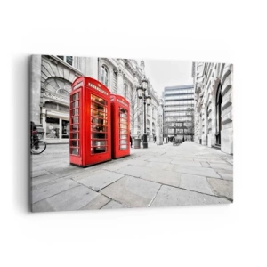 Impression sur toile - Image sur toile - Cabines téléphoniques rouges sur fond de paysage urbain - 120x80cm - Welcome to London - Décoration murale moderne pour le salon et la chambre ARTTOR
