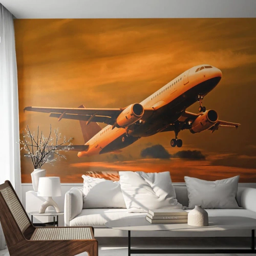 Papier Peint Photo Standard Eco - Vol vers le soleil - Avion, Voyage, Coucher de soleil - 150x105 cm