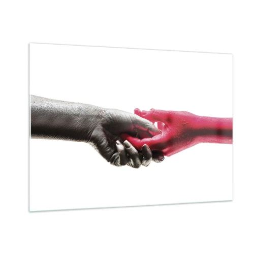 Impression sur verre - Image sur verre - Gros plan de deux mains, l'une en noir, l'autre en rouge, se tenant l'une l'autre - 100x70cm - Ensemble, bien que différents - Décoration murale moderne pour le salon et la chambre ARTTOR