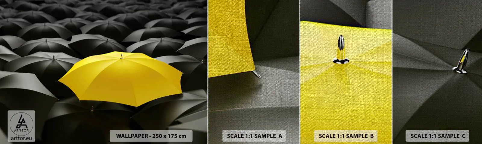 Échantillon de Papier Peint Premium Canvas - Adieu chagrin - Parapluies jaunes, Graphique, Concept - 100x30 cm