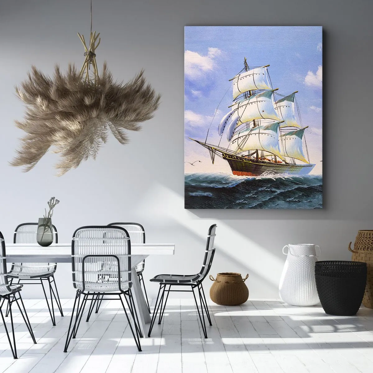 Impression sur toile - Image sur toile - Un voilier en pleine mer sous un ciel bleu - 80x120cm - Fièrement avec le vent - Décoration murale moderne pour le salon et la chambre ARTTOR
