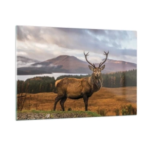Impression sur verre - Image sur verre - Cerf sur fond de montagnes et de forêts pittoresques - 120x80cm - Majesté de la nature - Décoration murale moderne pour le salon et la chambre ARTTOR