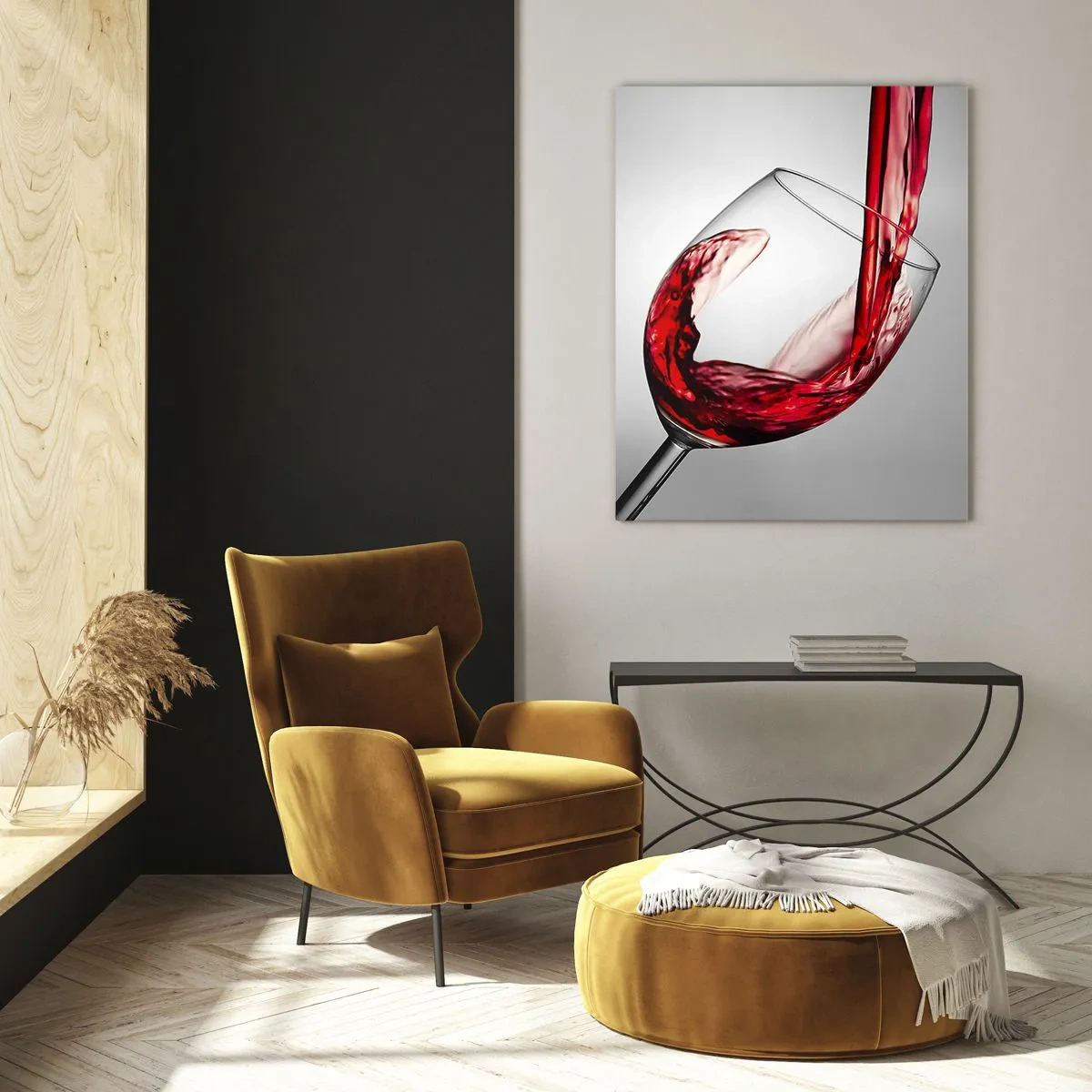 Impression sur verre - Image sur verre - Un verre de vin rouge versé sur un fond clair - 80x120cm - Nuance - mouvement - son - Décoration murale moderne pour le salon et la chambre ARTTOR