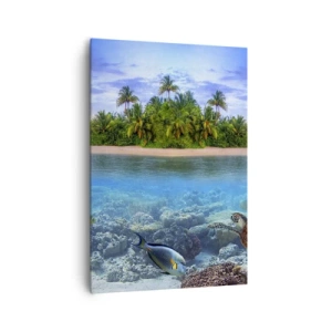 Impression sur toile - Image sur toile - Une île tropicale entourée d'un océan turquoise avec un récif de corail et des poissons. - 70x100cm - L'île céleste vous invite - Décoration murale moderne pour le salon et la chambre ARTTOR