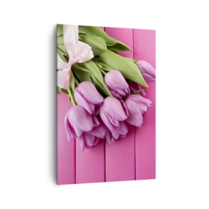 Impression sur toile - Image sur toile - Un bouquet de tulipes roses avec un nœud sur un fond rose - 70x100cm - Juste pour toi - Décoration murale moderne pour le salon et la chambre ARTTOR