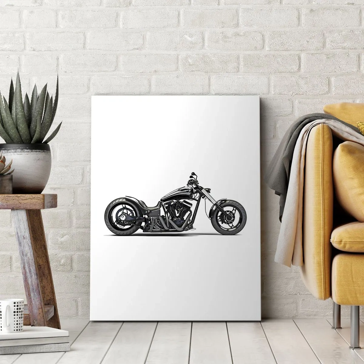 Impression sur toile - Image sur toile - Moto customisée noire élégante sur fond blanc - 50x70cm - Pour ceux qui aiment la liberté - Décoration murale moderne pour le salon et la chambre ARTTOR