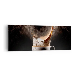 Impression sur toile - Image sur toile - Une tasse de café avec une explosion dynamique de liquide sur fond noir. - 140x50cm - Une explosion de saveur - Décoration murale moderne pour le salon et la chambre ARTTOR