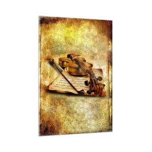 Impression sur verre - Image sur verre - Un violon avec une partition sur un fond vintage aux tons chauds - 80x120cm - Besoin immédiat d'un virtuose - Décoration murale moderne pour le salon et la chambre ARTTOR