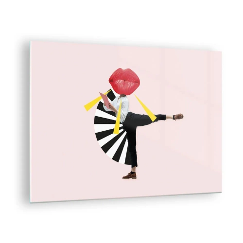 Impression sur verre - Image sur verre - Une composition pop art surréaliste mettant en scène un personnage avec une grande bouche sur un fond rose. - 70x50cm - Pop-art surréaliste - Décoration murale moderne pour le salon et la chambre ARTTOR