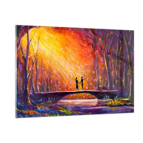 Impression sur verre - Image sur verre - Un couple sur un pont à la lumière du soleil couchant, entouré d'arbres. - 120x80cm - Le ciel les aime aussi - Décoration murale moderne pour le salon et la chambre ARTTOR