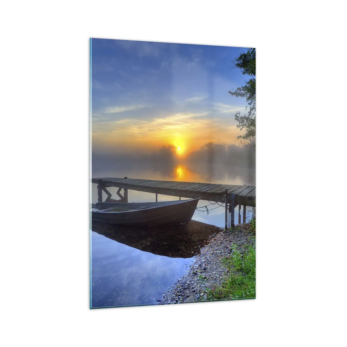 Impression sur verre - Image sur verre - Une jetée au bord du lac au lever du soleil avec un bateau sur le rivage - 70x100cm - Comment l'ordinaire se transforme en magie - Décoration murale moderne pour le salon et la chambre ARTTOR