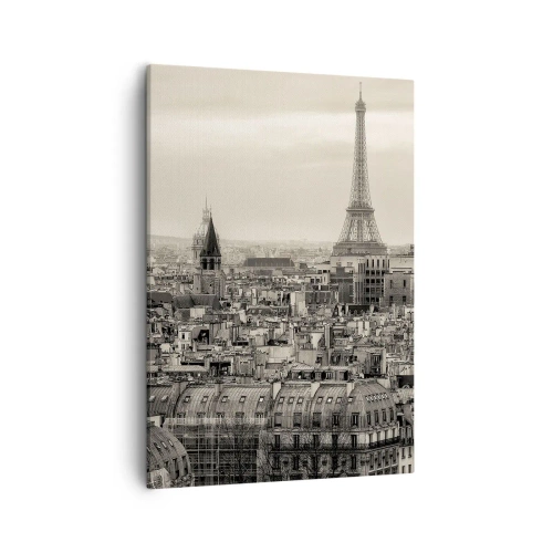 Impression sur toile - Image sur toile - Panorama de Paris avec la Tour Eiffel en tons sépia - 50x70cm - Sur les toits de Paris - Décoration murale moderne pour le salon et la chambre ARTTOR