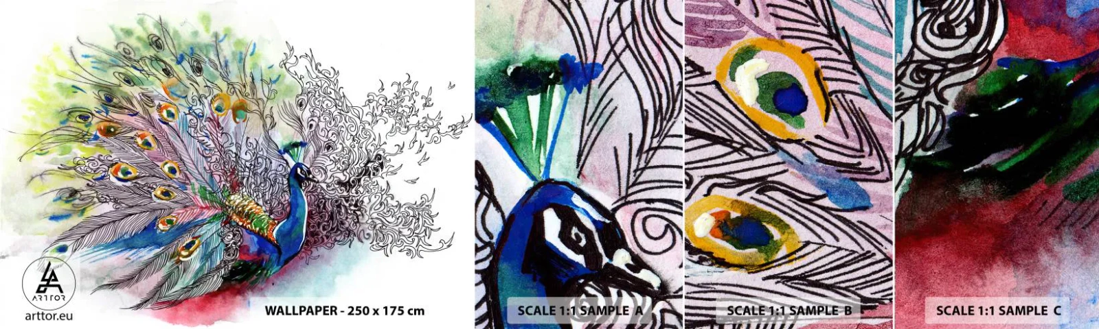 Échantillon de Papier Peint Autocollant Deluxe Sticker - Avec fierté contre la grisaille - Oiseau, Paon, Plumes - 100x30 cm