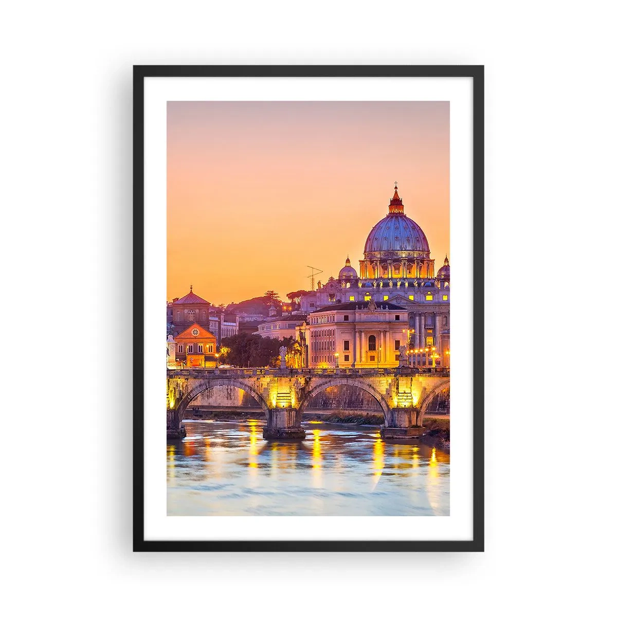 Affiche dans un cadre noir - Poster - Coucher de soleil sur le pont et la basilique illuminés à Rome - 50x70cm - Coucher de soleil sur la ville éternelle - Décoration murale moderne pour le salon et la chambre ARTTOR