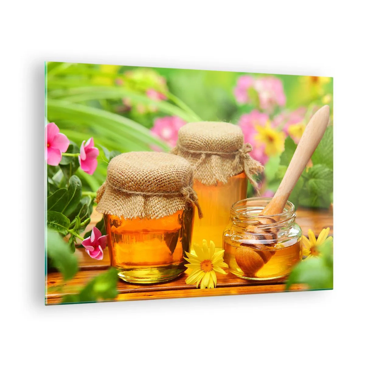 Impression sur verre - Image sur verre - Pots de miel sur fond de fleurs dans le jardin - 70x50cm - Doux et fleuri - Décoration murale moderne pour le salon et la chambre ARTTOR