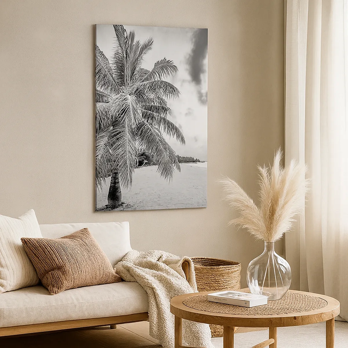 Impression sur toile - Image sur toile - Palmier noir et blanc sur une plage déserte avec des nuages - 50x70cm - Quand tu aspires à la solitude - Décoration murale moderne pour le salon et la chambre ARTTOR