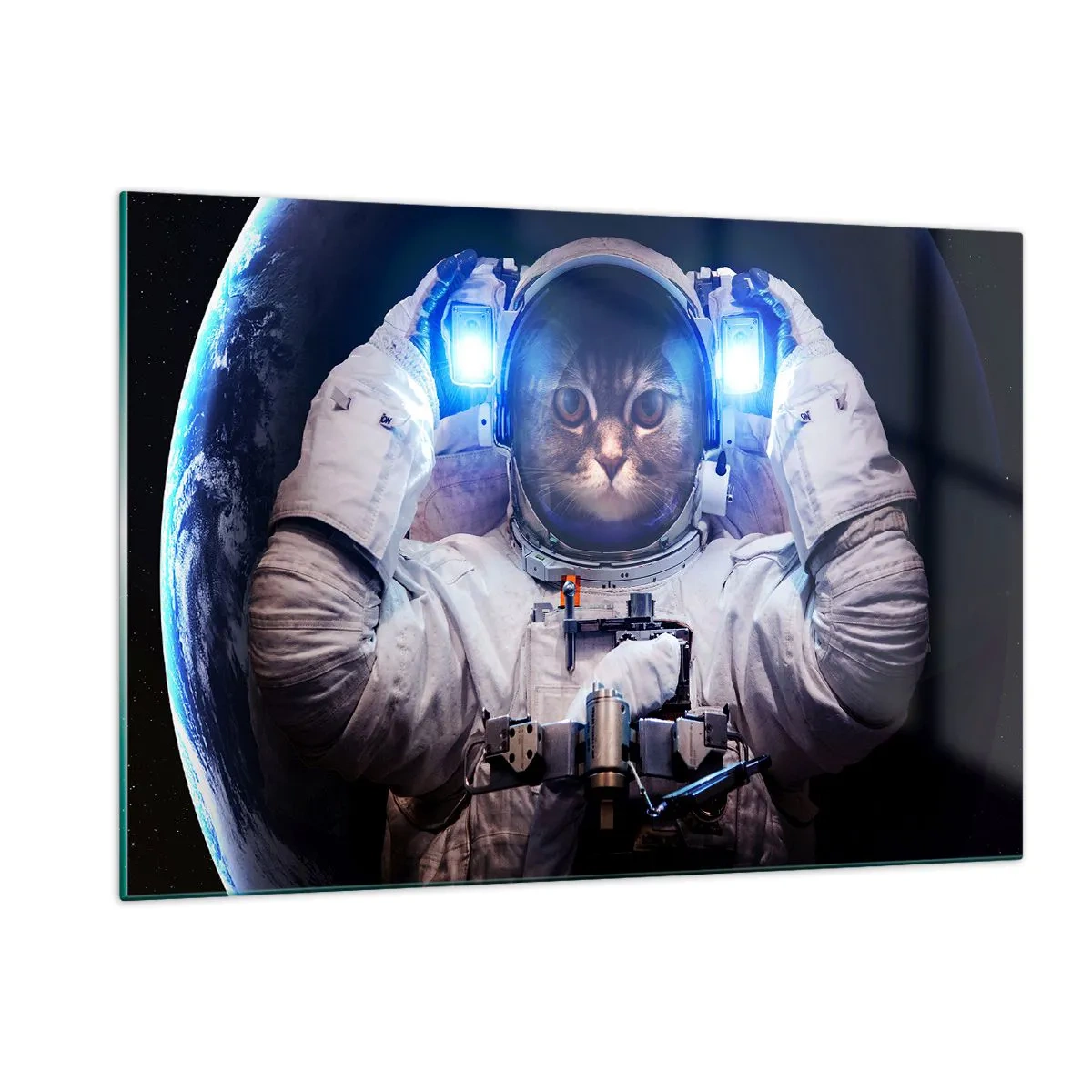 Impression sur verre - Image sur verre - Un cosmonaute à tête de chat dans l'espace - 120x80cm - Houston, vous avez un problème - Décoration murale moderne pour le salon et la chambre ARTTOR