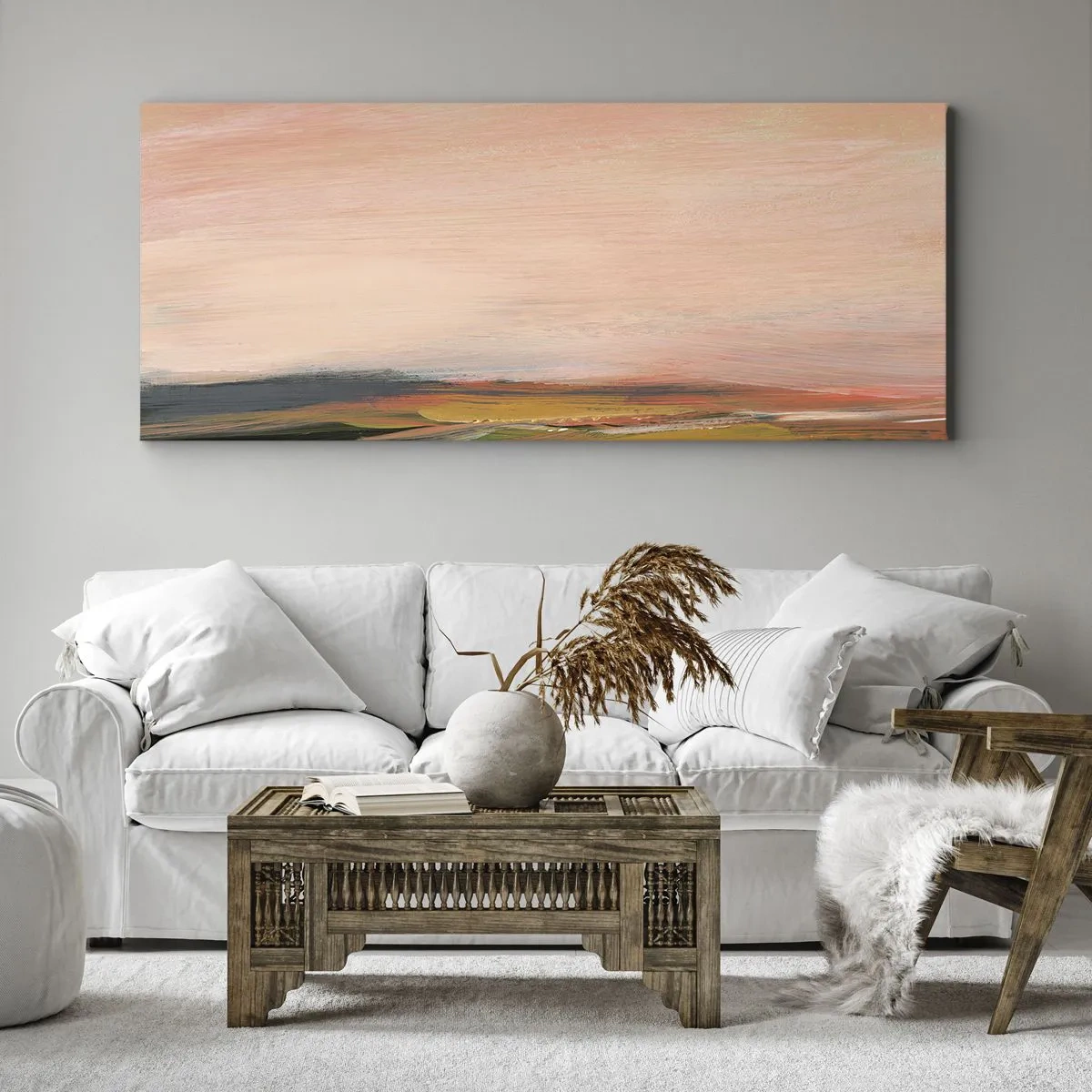 Impression sur toile - Image sur toile - Un paysage aux tons roses et dorés - 120x50cm - Dans les tons de roses - Décoration murale moderne pour le salon et la chambre ARTTOR