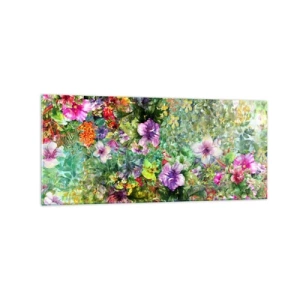 Impression sur verre - Image sur verre - Une composition florale colorée sur fond vert - 120x50cm - En fleurs pour la perdition - Décoration murale moderne pour le salon et la chambre ARTTOR