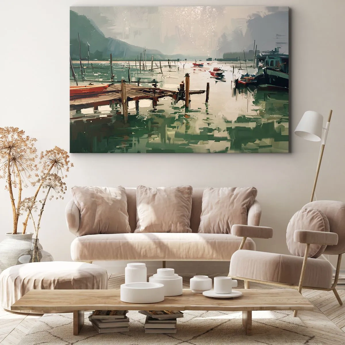 Impression sur toile - Image sur toile - Un port pittoresque avec des bateaux sur une eau calme - 70x50cm - Trempé dans une lune en fusion - Décoration murale moderne pour le salon et la chambre ARTTOR
