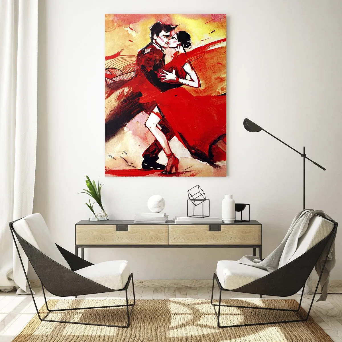 Impression sur verre - Image sur verre - Un couple dansant le tango dans des tons rouges sur un fond dynamique. - 80x120cm - Le rythme violet de la passion - Décoration murale moderne pour le salon et la chambre ARTTOR