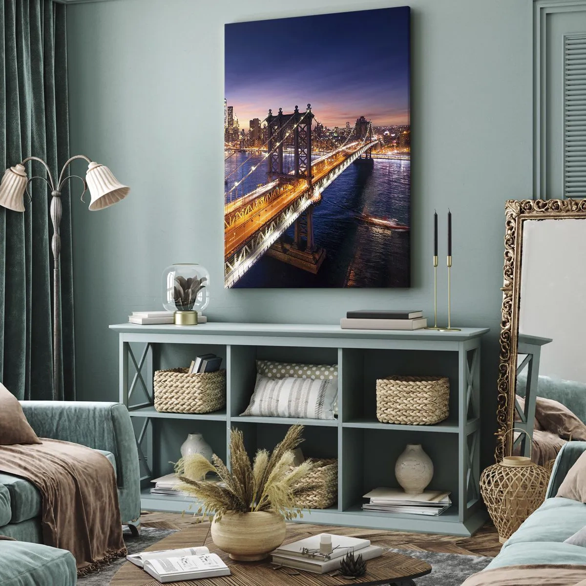 Impression sur toile - Image sur toile - Un pont lumineux au cœur de la ville - 65x120 cm