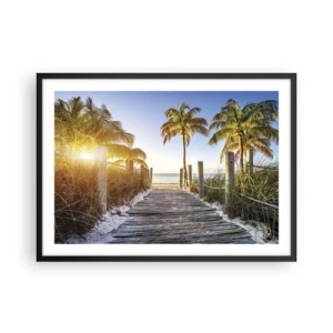 Affiche dans un cadre noir - Poster - Chemin en bois sur la plage avec des palmiers en arrière-plan - 70x50cm - Directement au paradis - Décoration murale moderne pour le salon et la chambre ARTTOR