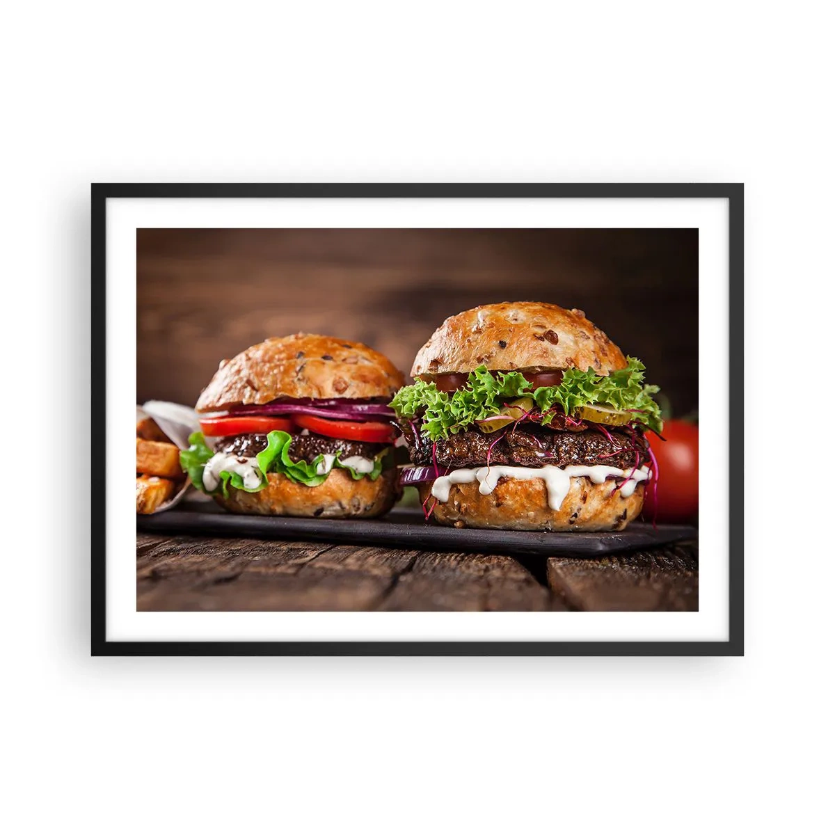 Affiche dans un cadre noir - Poster - Burgers appétissants avec légumes et sauce - 70x50cm - American dream - Décoration murale moderne pour le salon et la chambre ARTTOR
