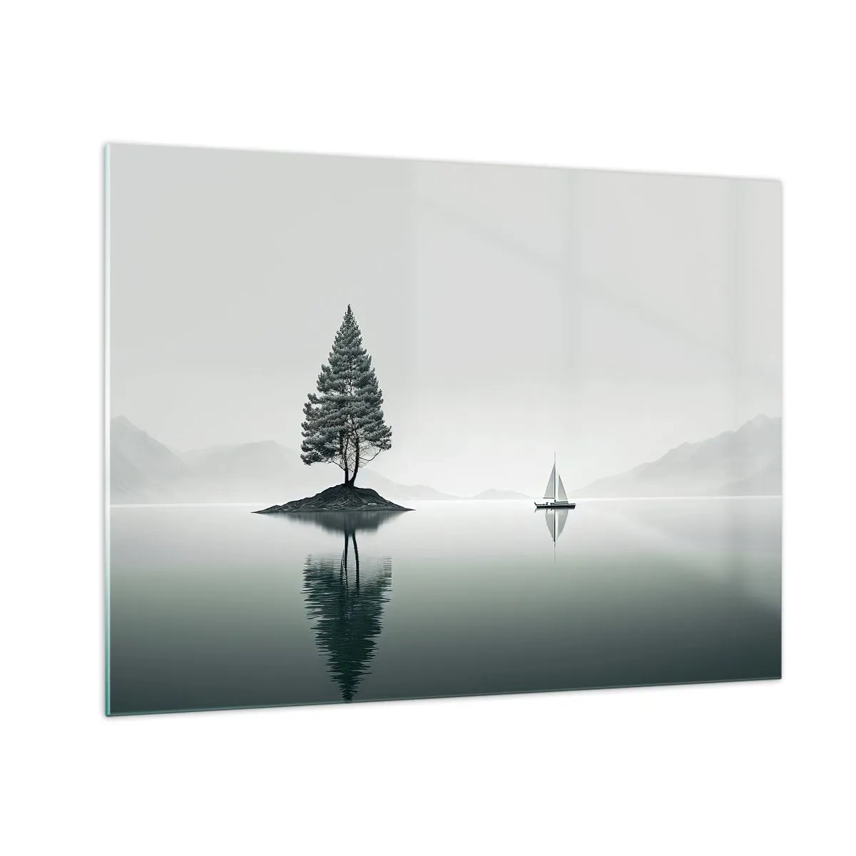 Impression sur verre - Image sur verre - Un arbre solitaire sur une île et un voilier sur un lac calme - 70x50cm - Un rêve somnolent - Décoration murale moderne pour le salon et la chambre ARTTOR