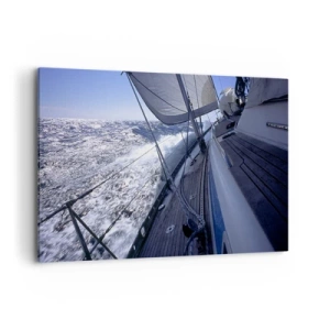 Impression sur toile - Image sur toile - Un voilier dans une mer agitée avec des voiles blanches et un pont en bois. - 120x80cm - Je sais ce que c'est d'être un oiseau - Décoration murale moderne pour le salon et la chambre ARTTOR