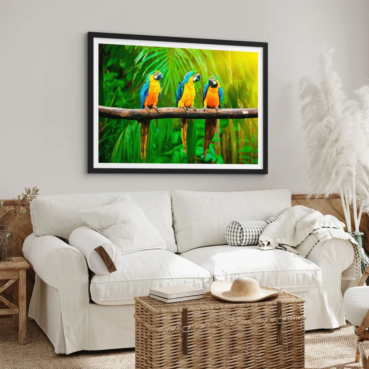 Affiche dans un cadre noir - Poster - Trois perroquets colorés sur fond de verdure tropicale - 100x70cm - Et avez-vous entendu qu'elle ...? - Décoration murale moderne pour le salon et la chambre ARTTOR